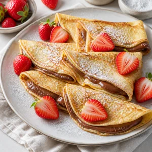 Finished warm crepes served with powdered sugar and fresh strawberries