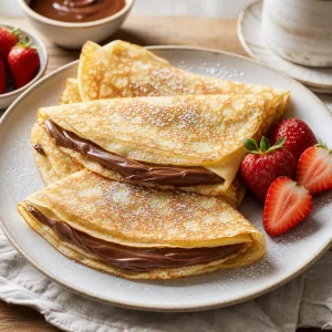 French-style crepes filled with rich hazelnut chocolate spread, powdered sugar, and fresh strawberries