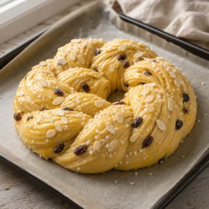 Treccia spennellata duovo con mandorle e zucchero grosso