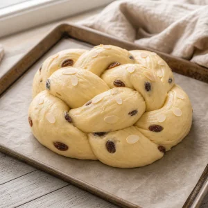 Treccia con uvetta gonfia in lievitazione su carta forno