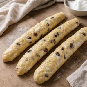 Tre cordoni di impasto con uvetta pronti da intrecciare
