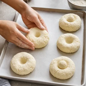 Manos formando papanași redondos de ricotta con hendiduras en el centro.