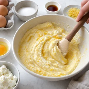 Mezcla de ricotta removida con huevo, azúcar, vainilla y ralladura de limón.