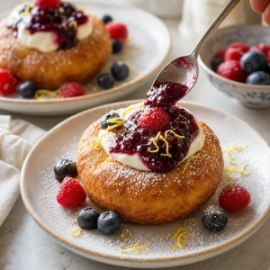 Papanași tibios cubiertos con crème fraîche, mermelada, frutos rojos, azúcar y limón.