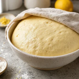 Wyrośnięte ciasto drożdżowe w ceramicznej misce