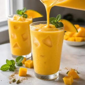 Cremiger Mango-Lassi in gekühlten Gläsern mit Minze und Mango