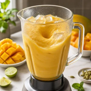 Cremiger Mango-Lassi wirbelt mit Eis im Mixerbecher