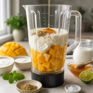 Mango, Joghurt, Honig, Kardamom, Limette und Salz im Mixerbecher