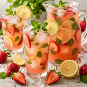 Erdbeerlimonade mit Eis, Minze und Zitronenscheiben