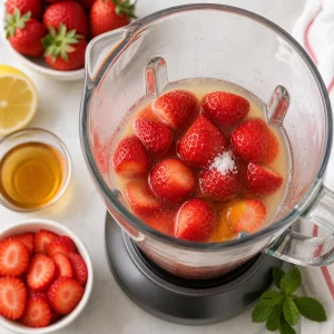 Erdbeeren mit Zitronensaft und Honigsirup im Mixer