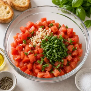 Tomates em cubos com alho e manjericão picado