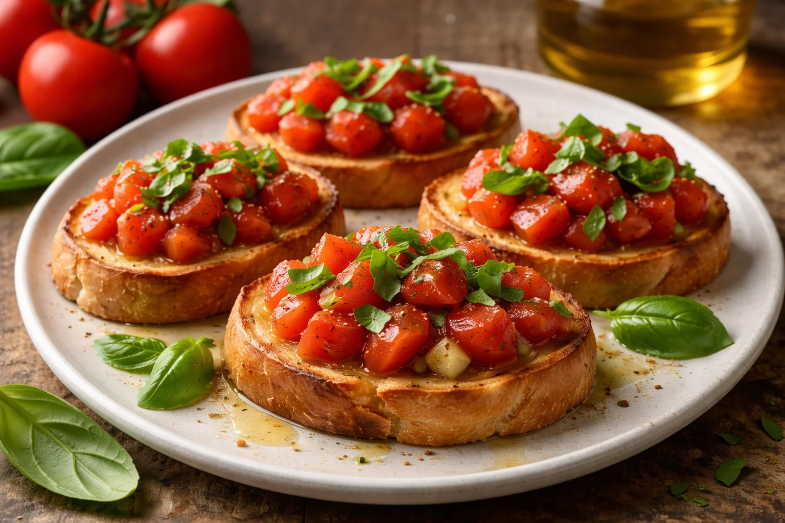 Bruschetta de Tomate Fresco, Manjericão e Azeite de Oliva