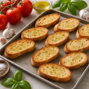 Fatias de baguete douradas numa assadeira