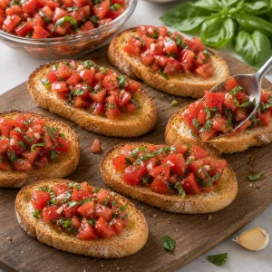 Pão tostado coberto com tomate e manjericão
