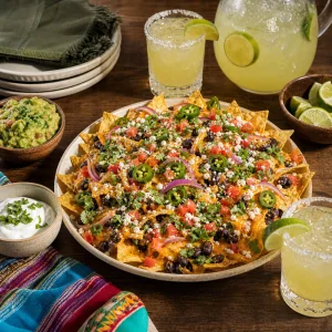 Nachos carregados prontos servidos com copos de margarita, guacamole, creme azedo e fatias de lima