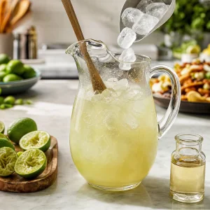 Gelo adicionado a jarra de margarita e mexido com lima fresca ao lado