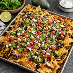 Nachos carregados com feijao preto, jalapenos, tomates, cebola roxa, coentro e queijo cotija