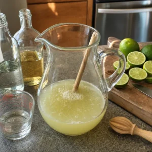Tequila, suco de lima fresco, triple sec e xarope simples combinados em uma jarra de vidro