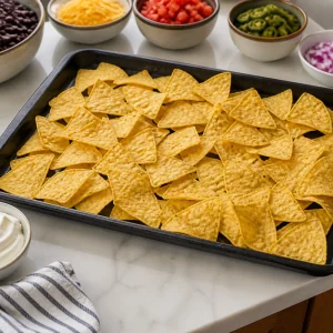 Chips de tortilla espalhados em uma unica camada na assadeira antes de assar