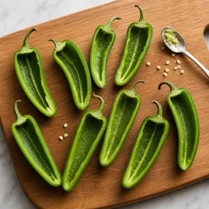 Jalapeños frescos cortados ao meio no sentido do comprimento com sementes e membranas removidas