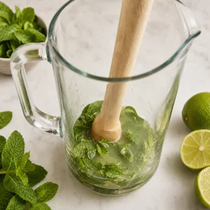 Folhas de hortelã maceradas suavemente com suco fresco de limão em uma jarra de vidro