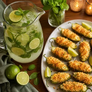 Jarra de mojito servida com jalapeños recheados quentes crocantes com queijo e limão