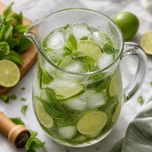 Jarra de mojito mexida com rum xarope simples água com gás hortelã limão e gelo