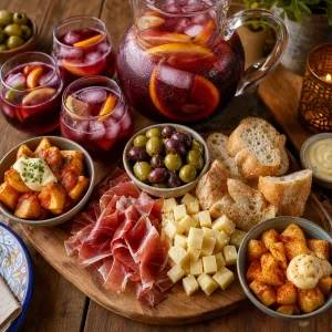 Sangria vermelha pronta com citrinos, copos com fruta e tábua de tapas espanholas com patatas, jamón, manchego, azeitonas, pão e aioli.