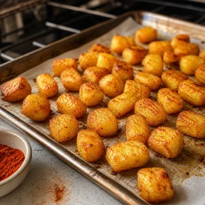 Patatas bravas douradas e crocantes numa assadeira depois de assar no forno.