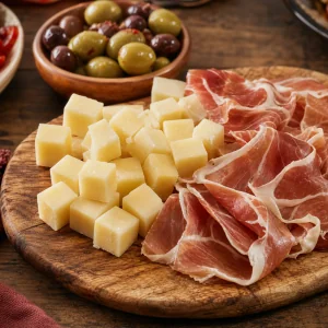 Cubos de queijo manchego e tiras de jamon organizados numa tabua de tapas de madeira.