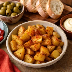 Patatas bravas quentes polvilhadas com paprica ao lado de azeitonas, pao crocante e aioli.