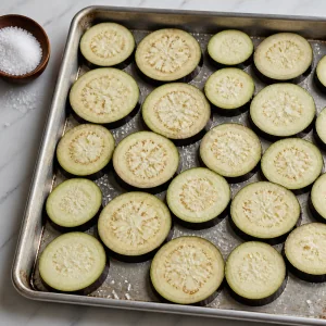 Eggplant rounds on a tray sprinkled with coarse salt
