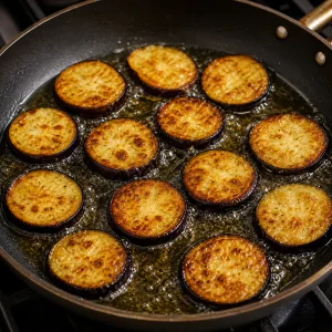 Eggplant slices frying in bubbling oil until golden