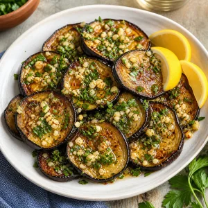Fried eggplant slices with garlic, parsley, and lemon wedges
