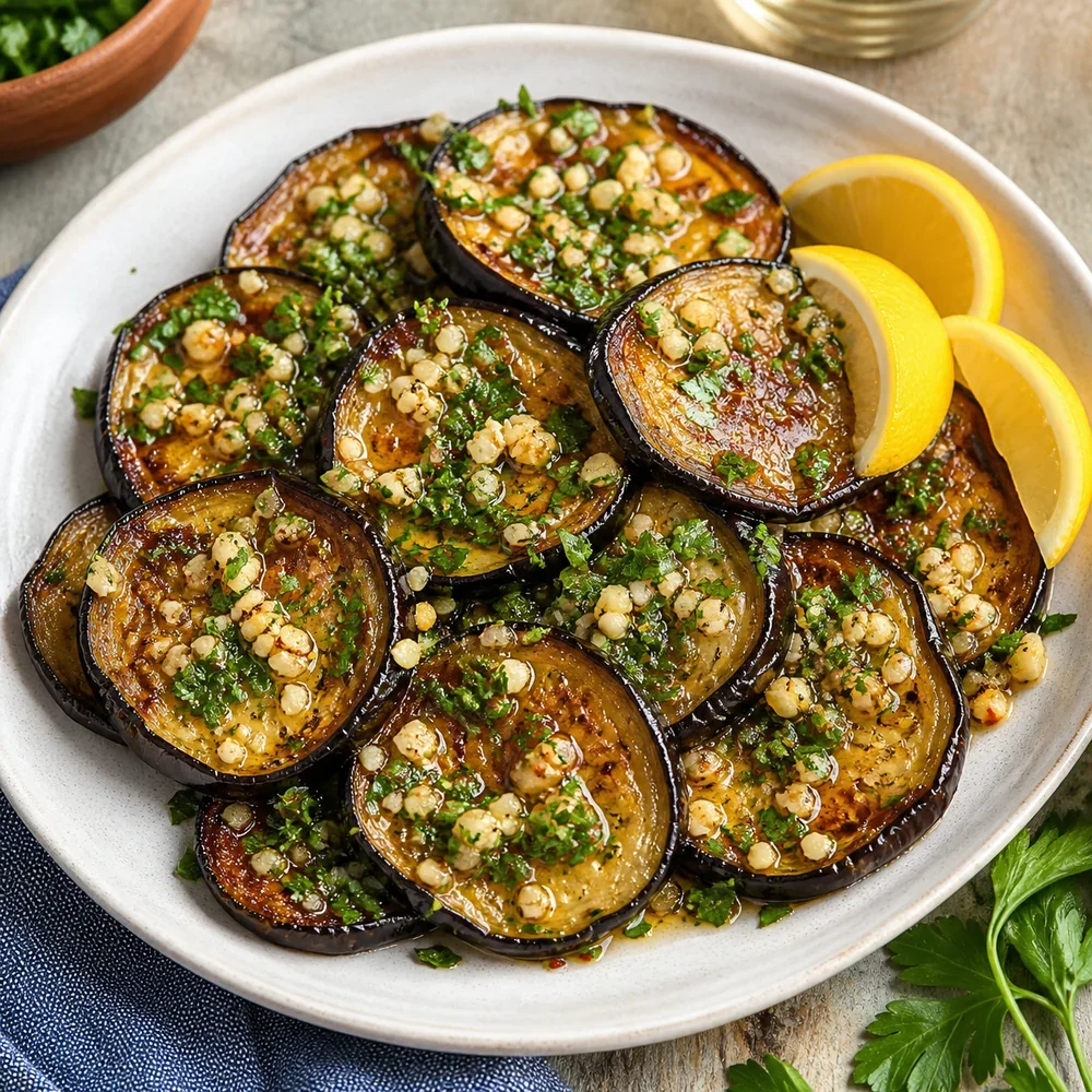 Fried eggplant slices with garlic, parsley, and lemon wedges