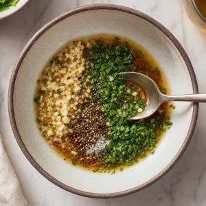 Garlic, parsley, vinegar, salt, and pepper mixed in a small bowl
