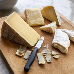 Assorted cheeses on a board with hard rinds trimmed away