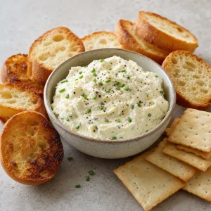 Bowl of fromage fort cheese spread with baguette slices and crackers