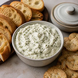 Fromage fort in a serving bowl with baguette and crackers