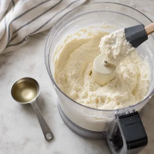Thick cheese spread lifted with a spatula beside extra white wine