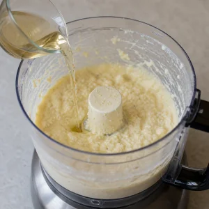 White wine being poured into blended cheese spread