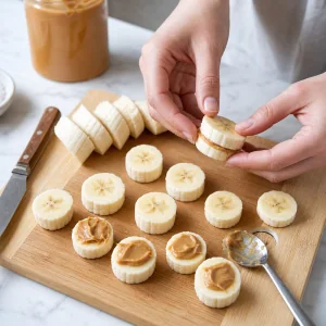 Rodajas de banana cortadas y rellenas con mantequilla de maní para bocaditos congelados con chocolate