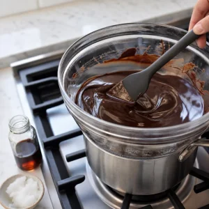 Chocolate oscuro y aceite de coco derritiéndose a baño María para bocaditos de banana