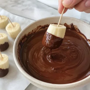 Bocado de banana congelado en un palillo sumergido en chocolate oscuro derretido y brillante