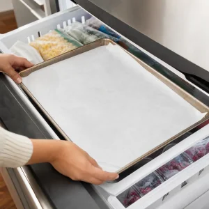 Bandeja con papel de hornear colocada en el congelador para bocaditos de banana con chocolate