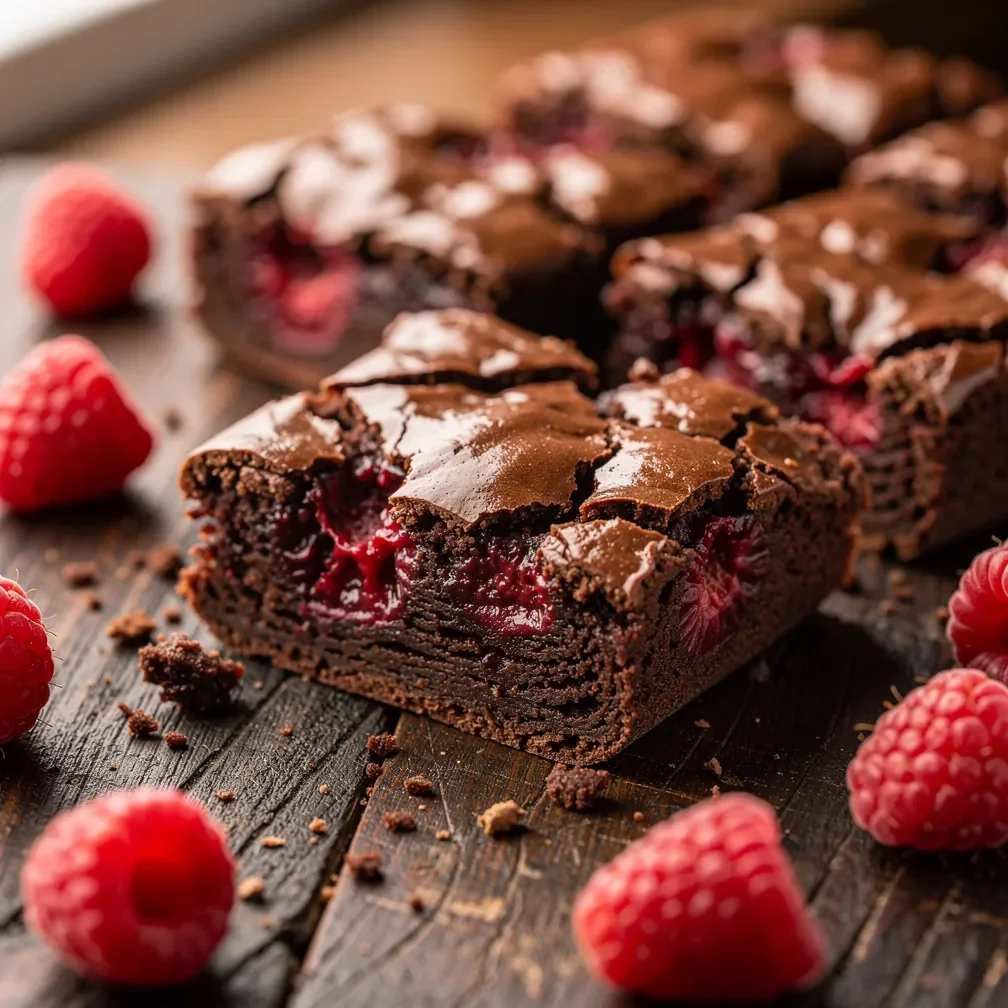 Pieces of chocolate brownie with raspberry on a dark wooden board