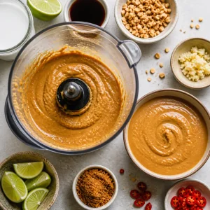 Cremige Erdnusssoße mit Limette, Chili, Knoblauch und Kokosmilch