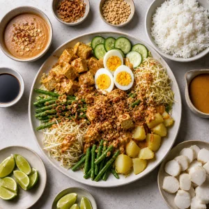 Gado-Gado zum Teilen mit extra Soße, Reis, Limette und Lontong