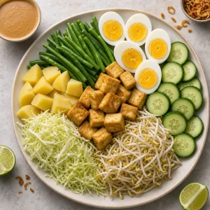 Gado-Gado-Gemüse, Tofu und Eierhälften vor dem Beträufeln mit Soße