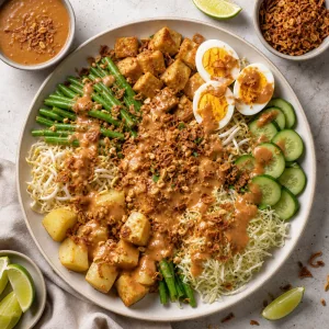 Erdnusssoße über Gado-Gado mit Röstschalotten und Limette